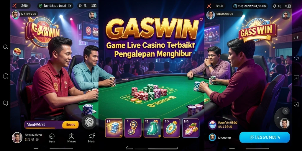 Screenshot utama gameplay GASWIN menunjukkan dealer live dengan pemain berinteraksi.
