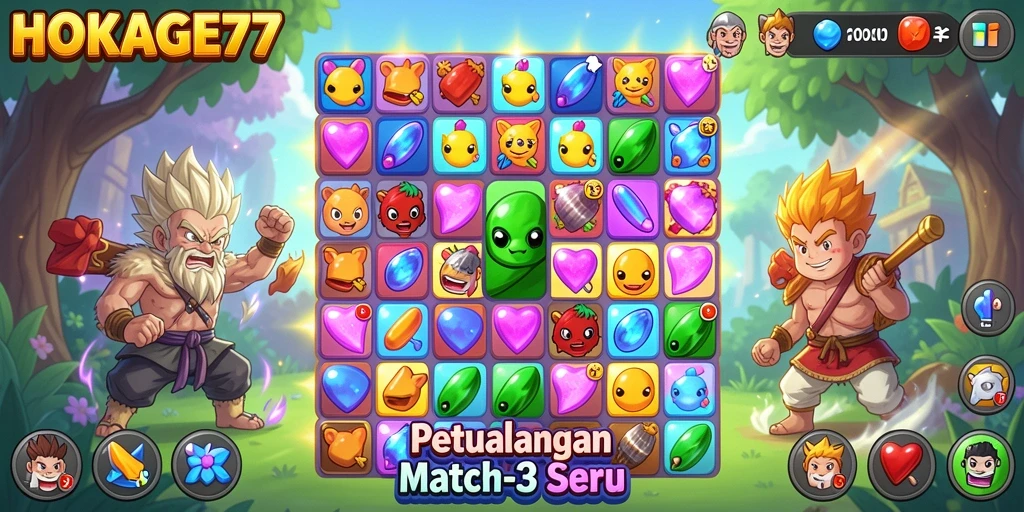 Gameplay seru dari HOKAGE77 dengan permata berwarna-warni.